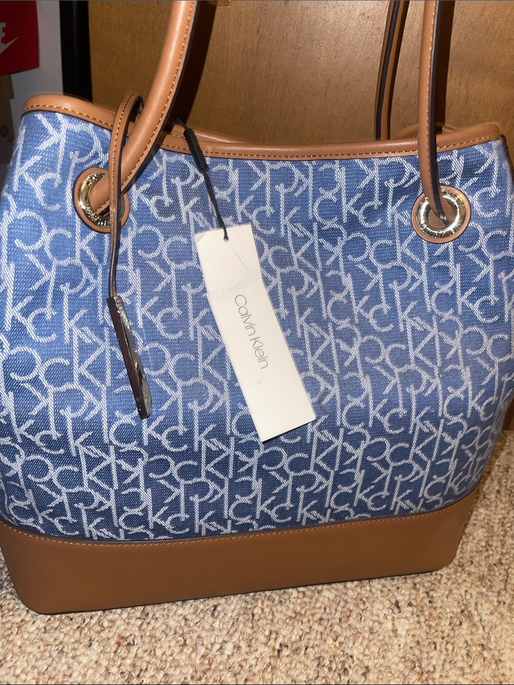 Calvin Klein Blue Monogram Tote with Tan Accents